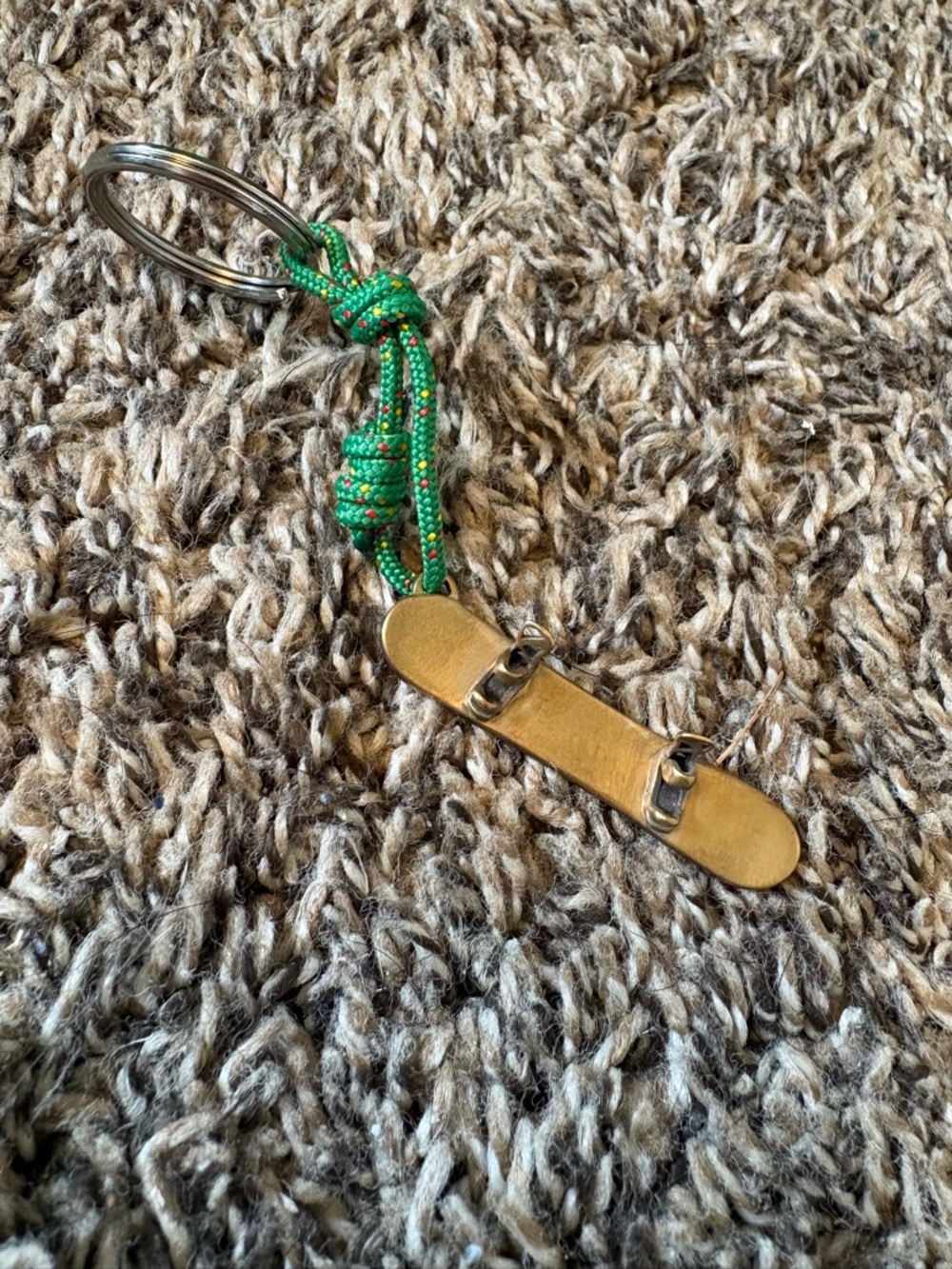 Green Rope Keychain with Brass Skateboard Charm